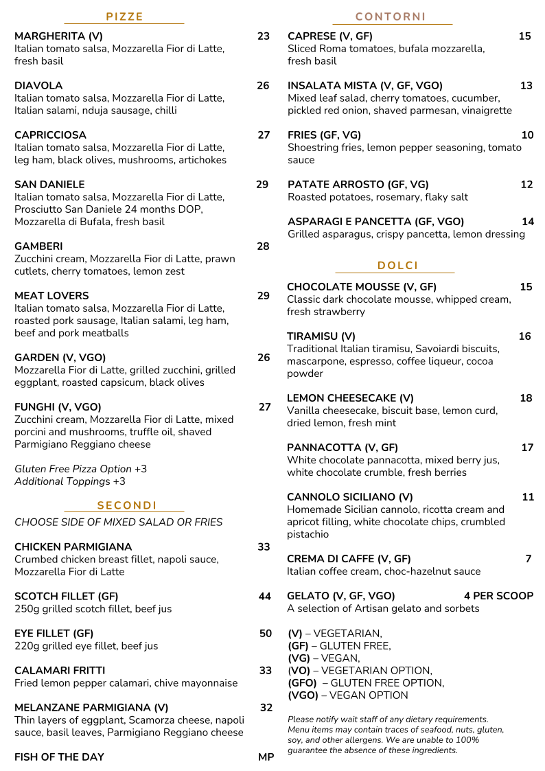 Menu, Cent Anni Italian Restaurant & Pizza