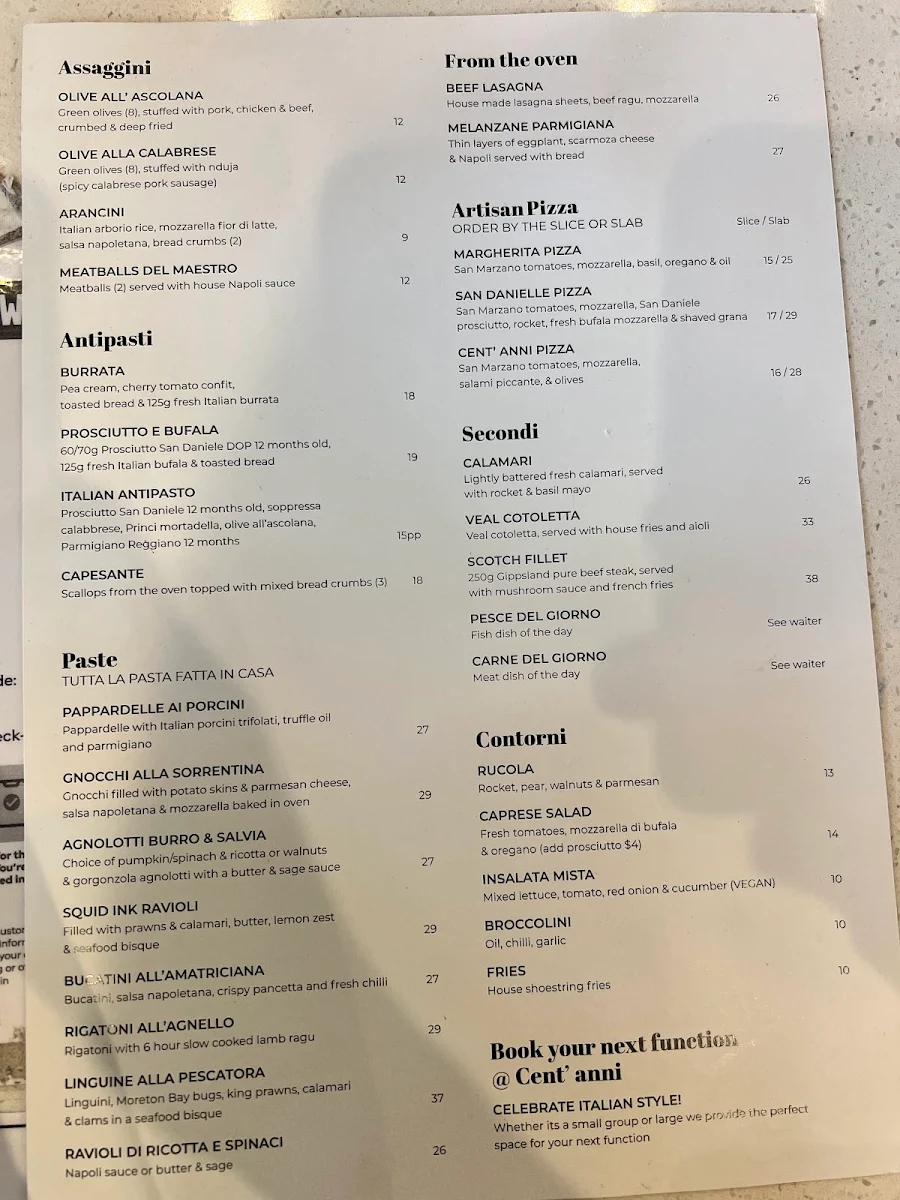 Menu, Cent Anni Italian Restaurant & Pizza