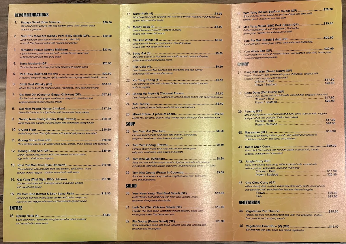 Menu, Jindalee Thai Perth