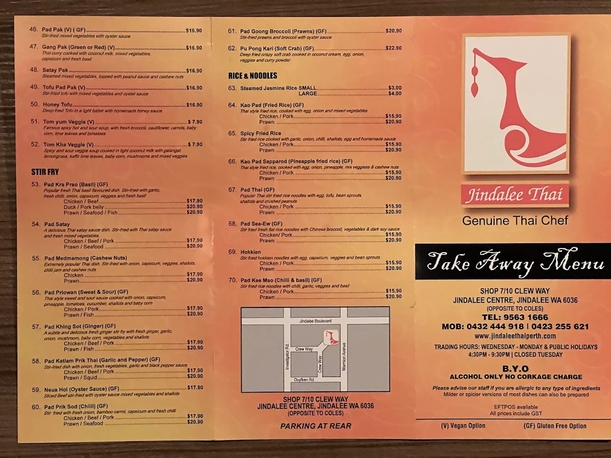 Menu, Jindalee Thai Perth