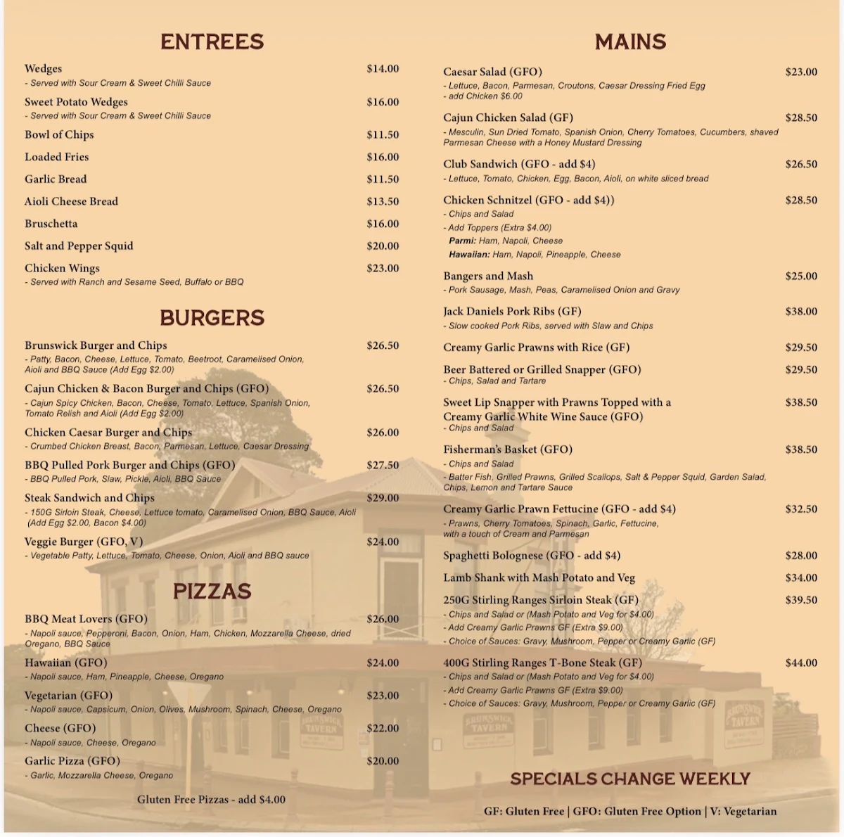 Menu, Brunswick Tavern