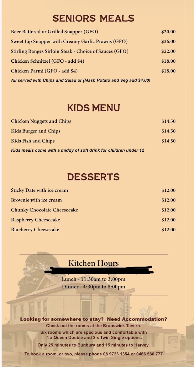 Menu, Brunswick Tavern