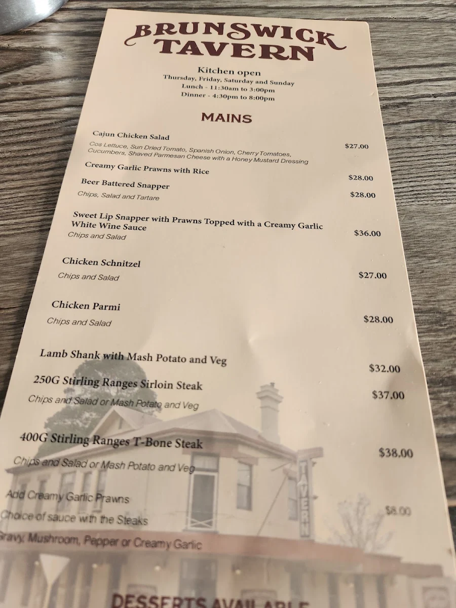 Menu, Brunswick Tavern
