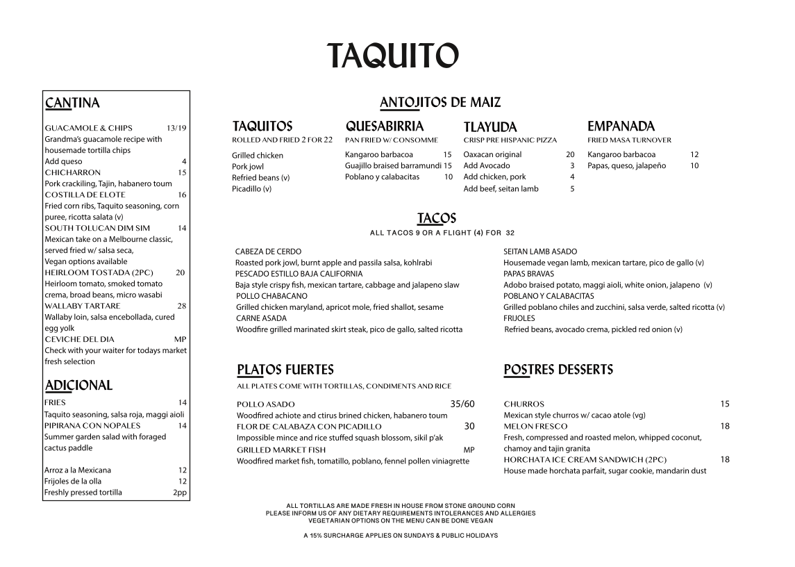 Menu, Taquito