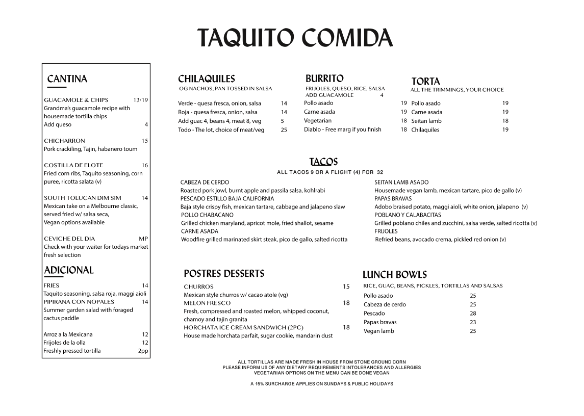 Menu, Taquito