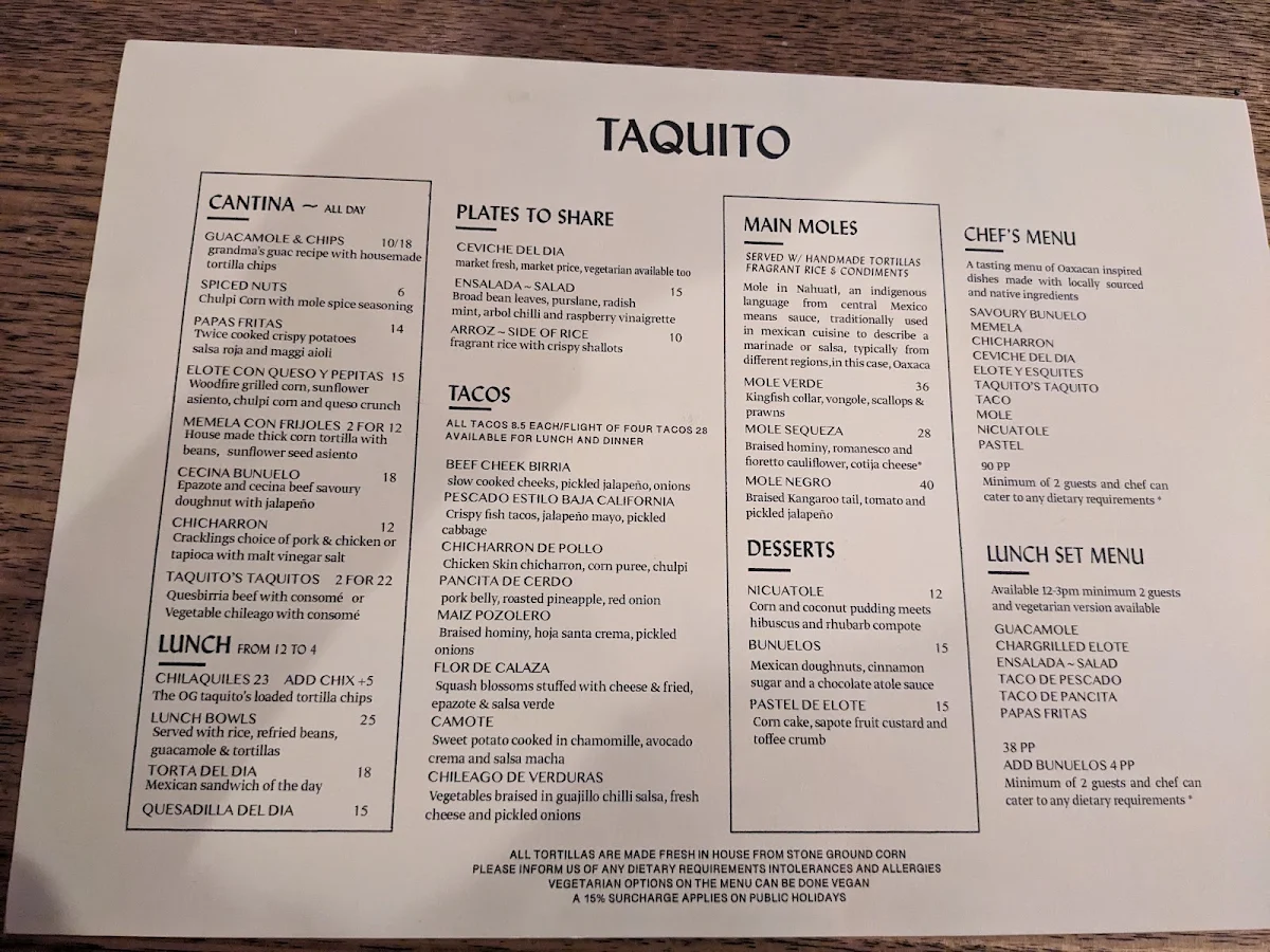 Menu, Taquito