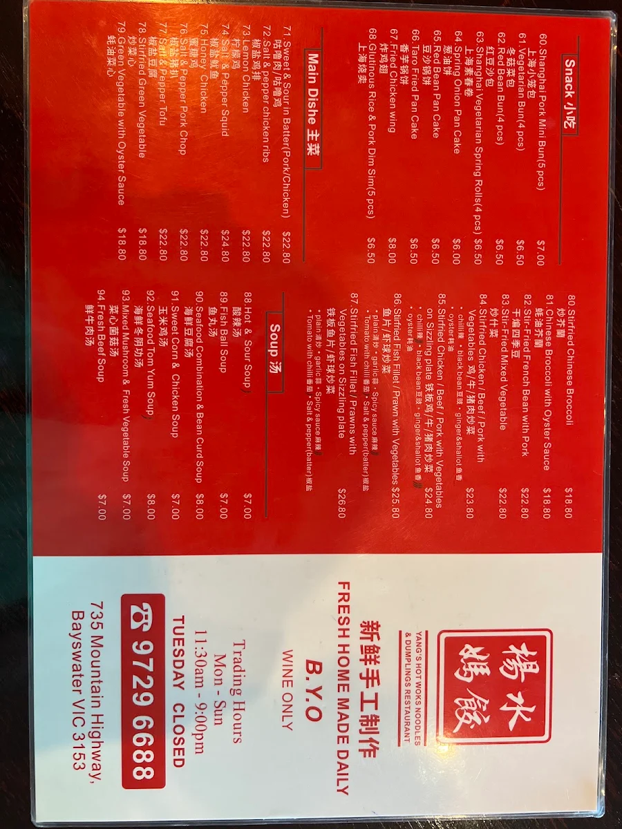 Menu, Yang's Hot Works Noodles & Dumplings