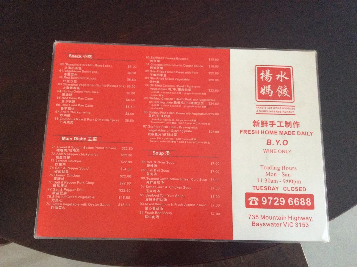Menu, Yang's Hot Works Noodles & Dumplings