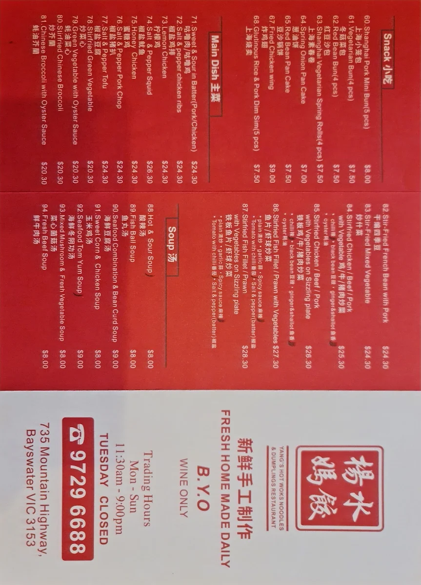 Menu, Yang's Hot Works Noodles & Dumplings