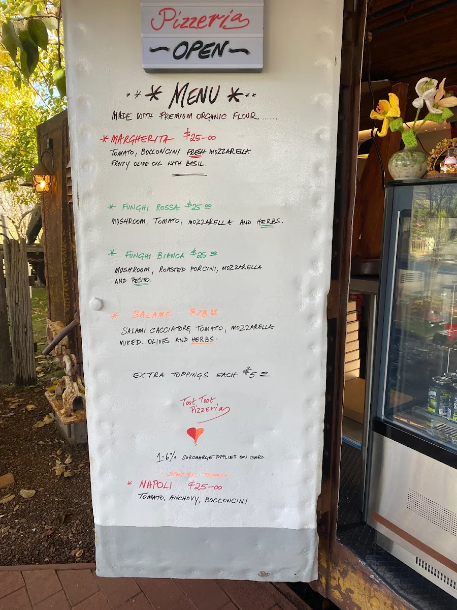 Menu, Toot Toot Pizzeria