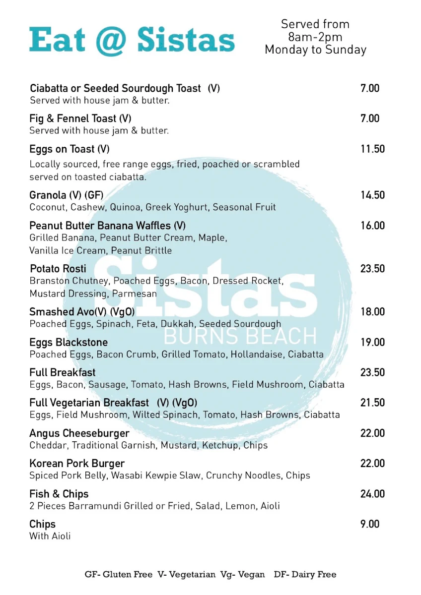 Menu, Sistas Burns Beach Cafe & Restaurant