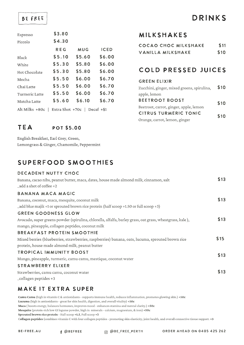 Menu, Be Free