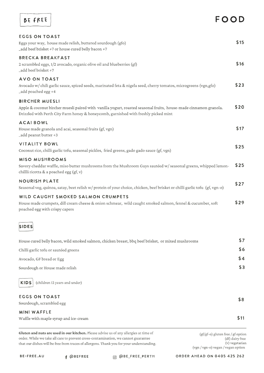 Menu, Be Free