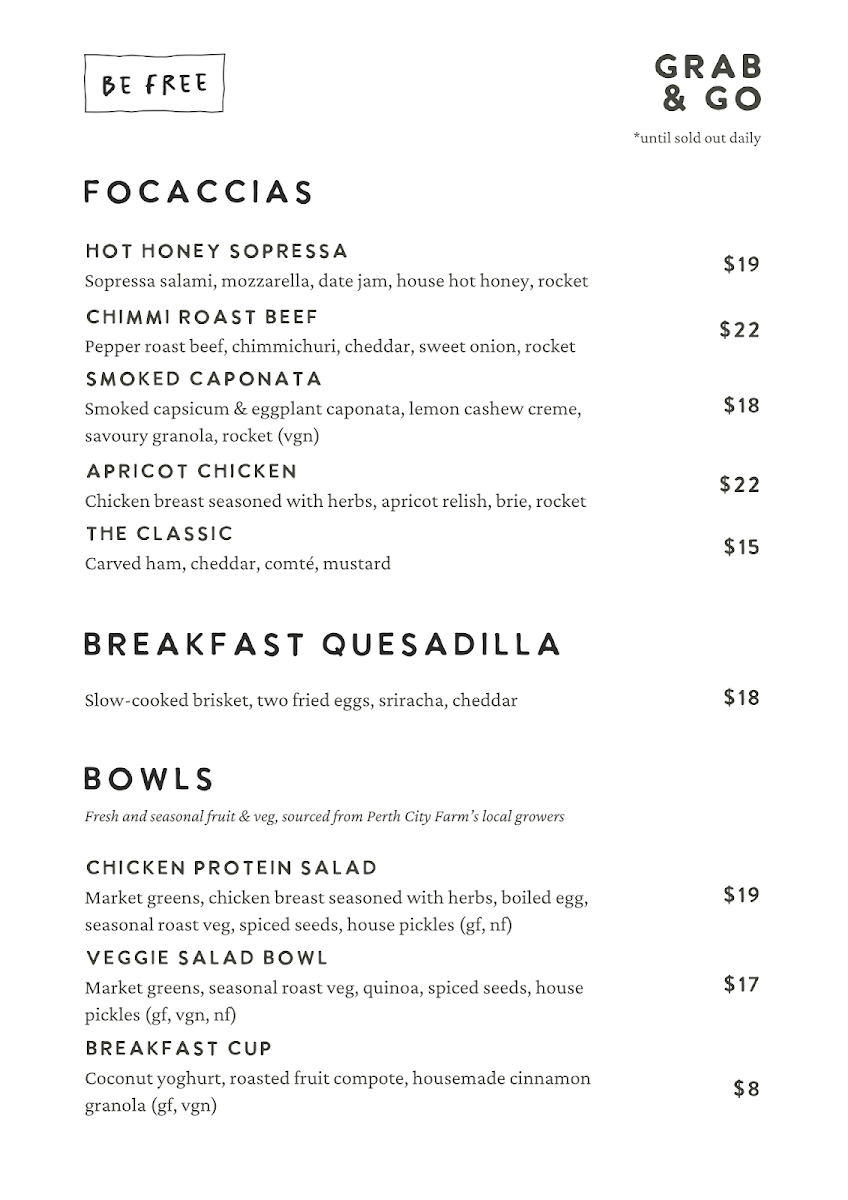 Menu, Be Free