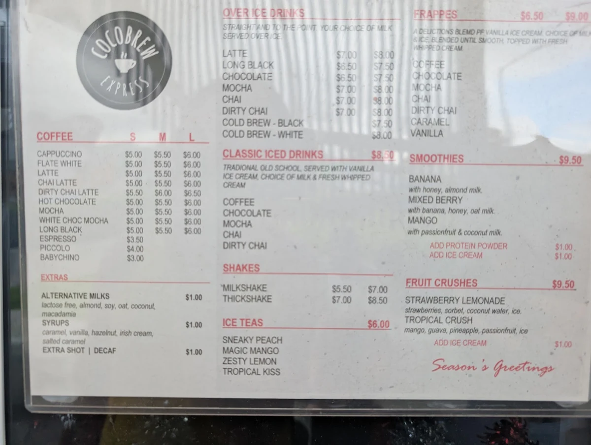 Menu, CocoBrew Express Drive Thru Rockhampton