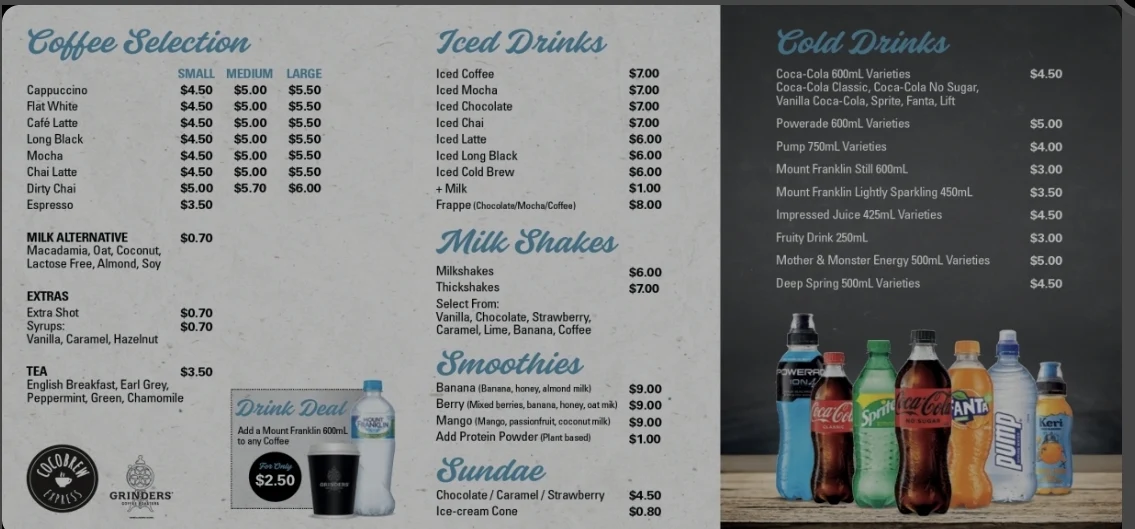 Menu, CocoBrew Express Drive Thru Rockhampton