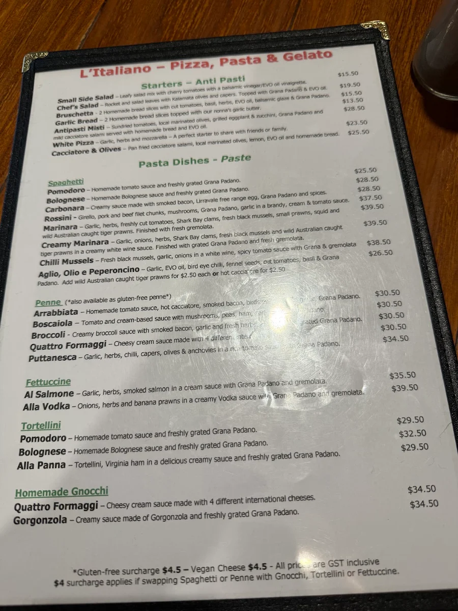 Menu, L'Italiano Pizza Pasta & Gelato (GERALDTON)