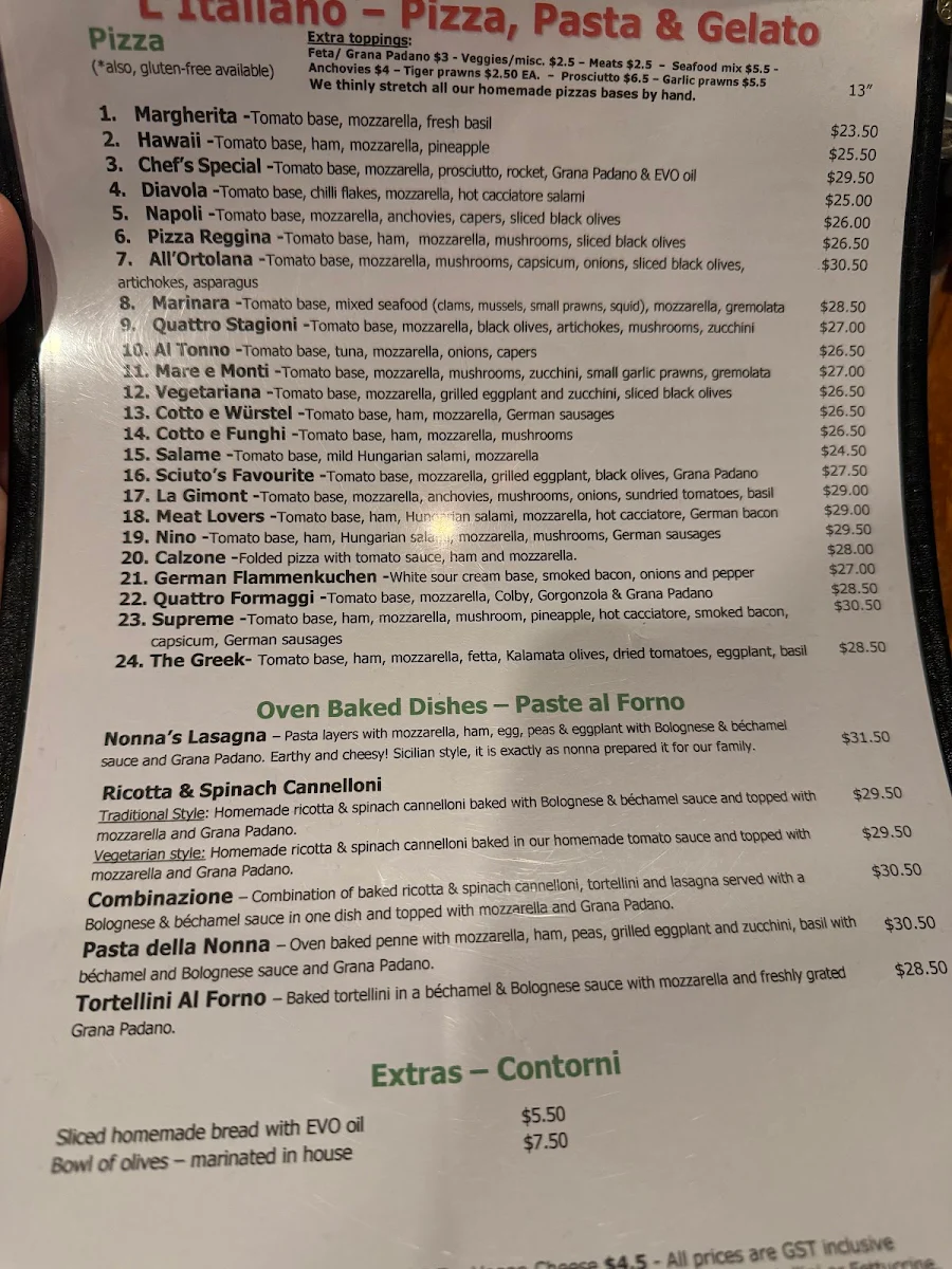 Menu, L'Italiano Pizza Pasta & Gelato (GERALDTON)