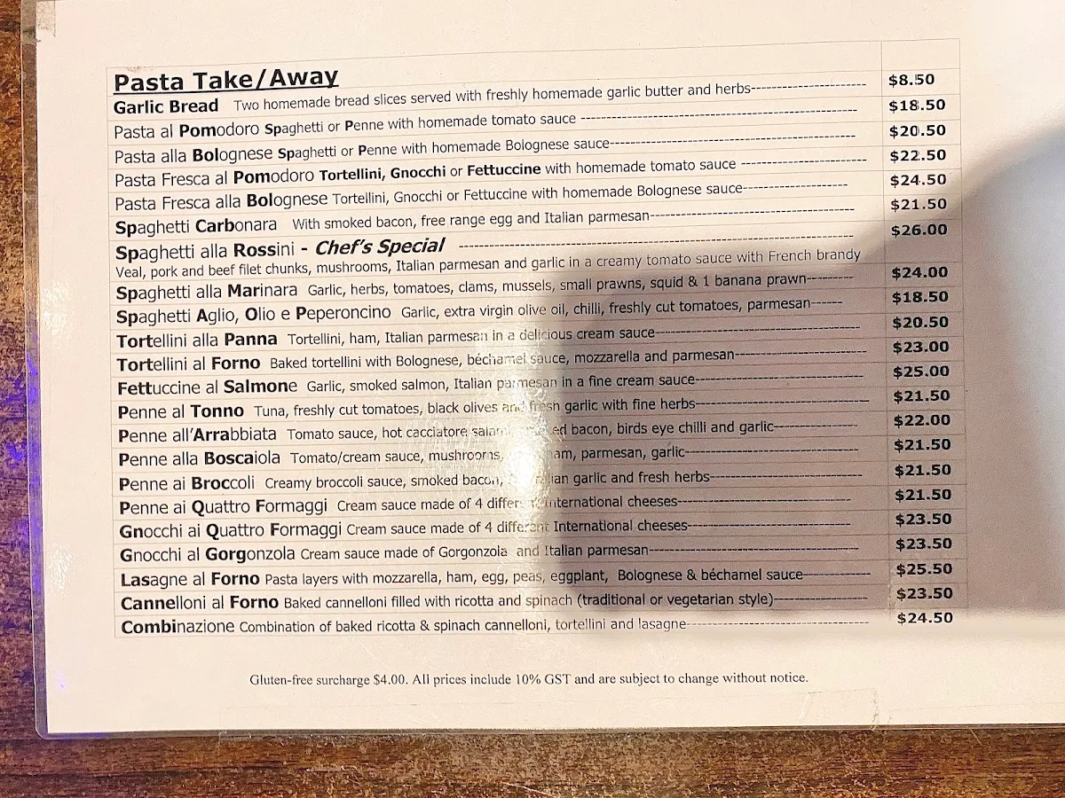Menu, L'Italiano Pizza Pasta & Gelato (GERALDTON)