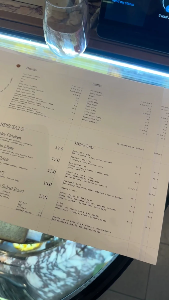 Menu, Dutch Smuggler Coffee Haymarket