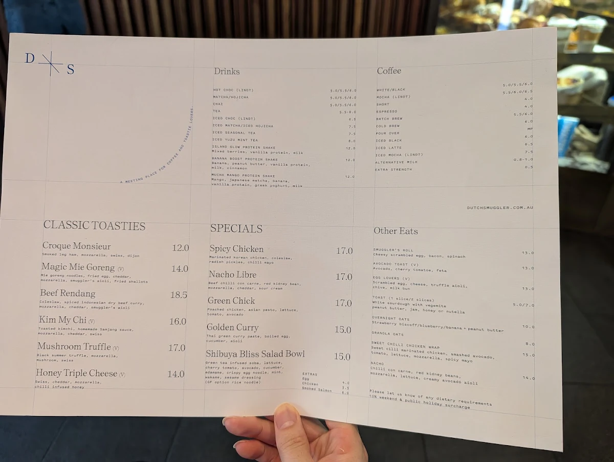 Menu, Dutch Smuggler Coffee Haymarket