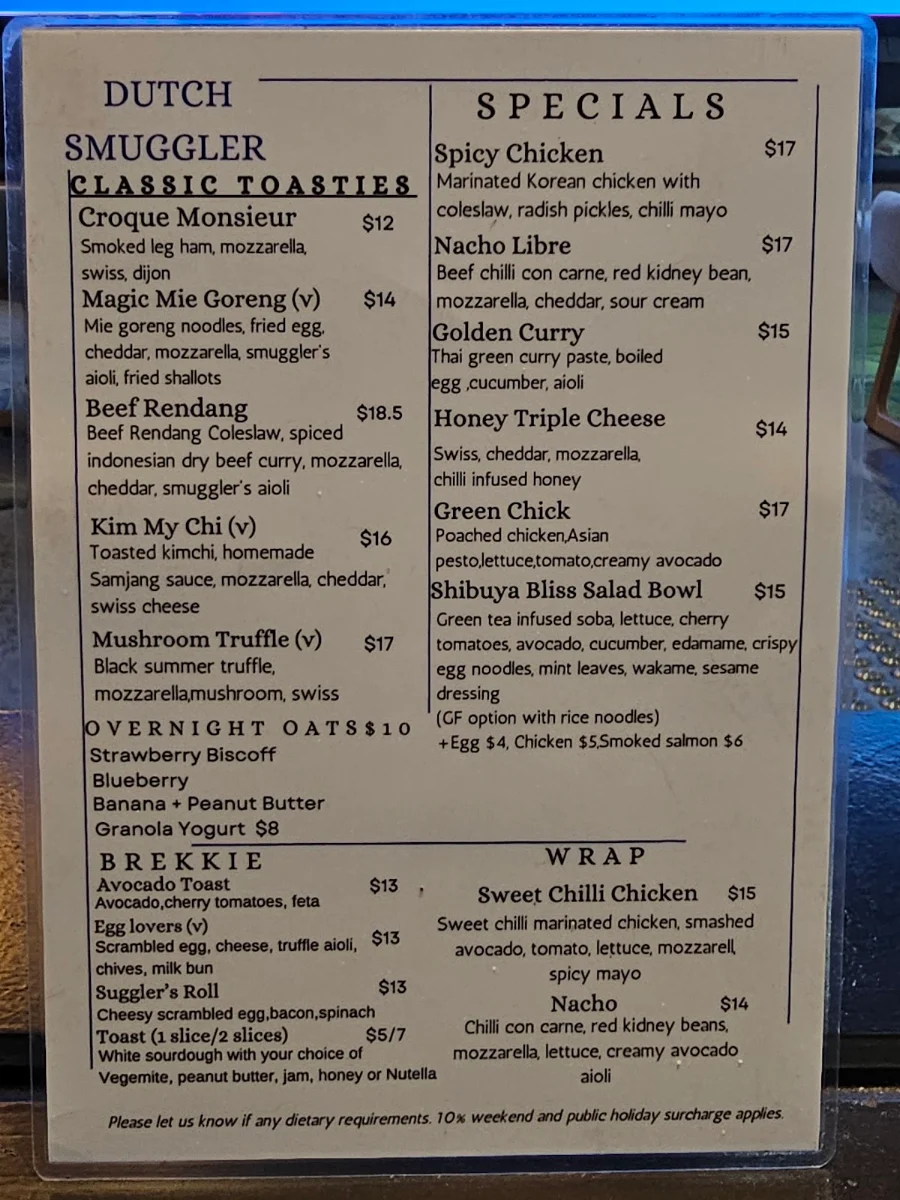 Menu, Dutch Smuggler Coffee Haymarket