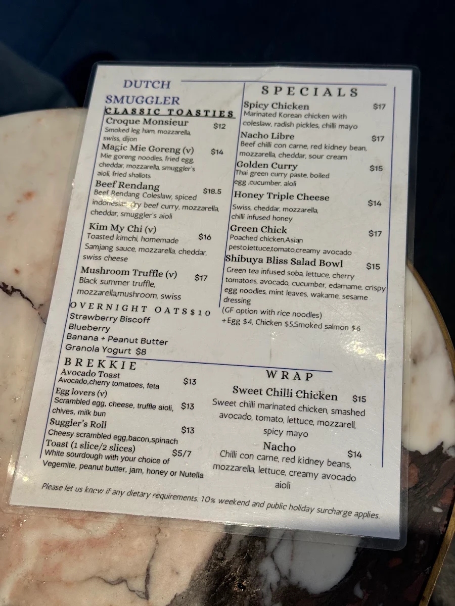 Menu, Dutch Smuggler Coffee Haymarket