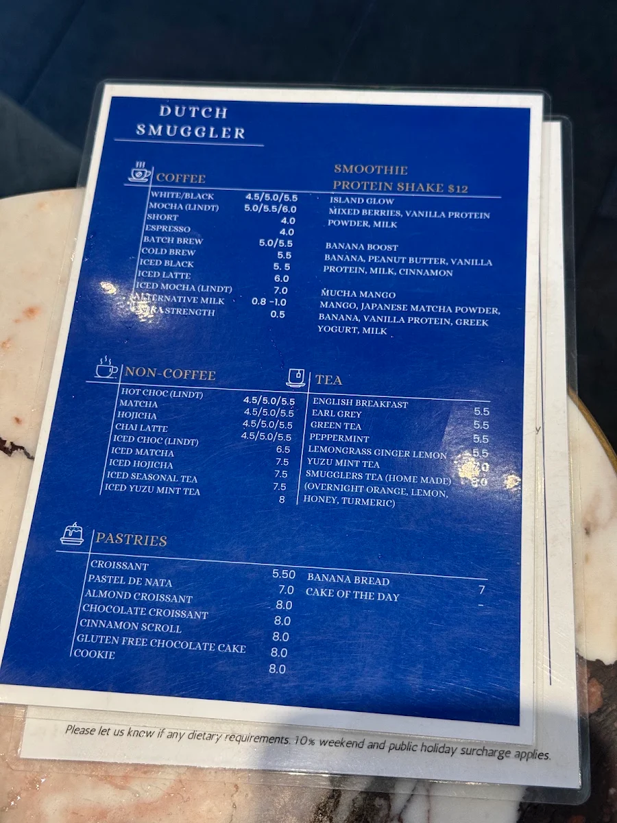 Menu, Dutch Smuggler Coffee Haymarket