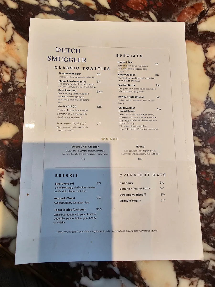 Menu, Dutch Smuggler Coffee Haymarket