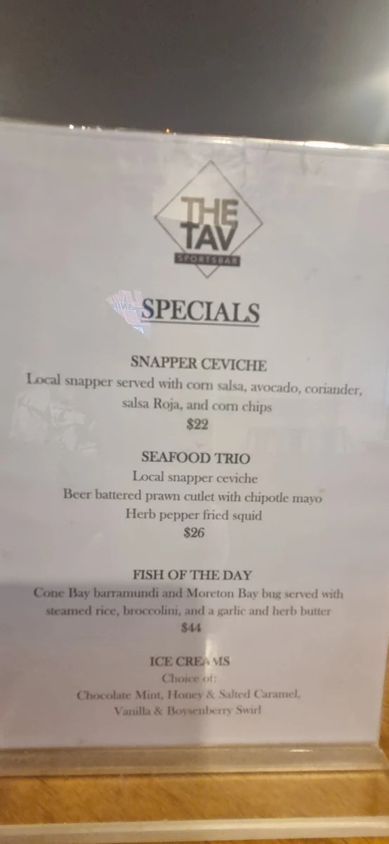 Menu, The Tav SportsBar Karratha