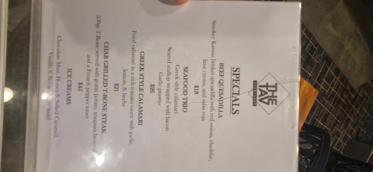 Menu, The Tav SportsBar Karratha