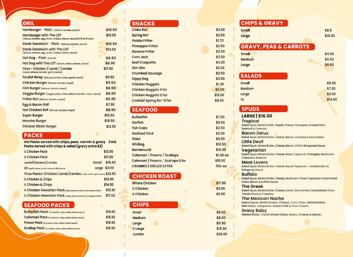 Menu, Ethelton Takeaway & pizza