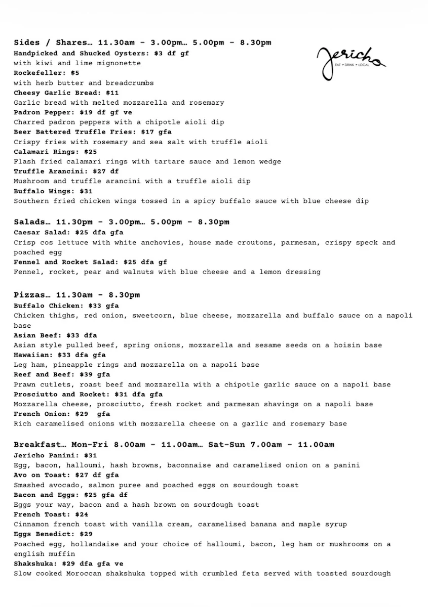 Menu, Jericho