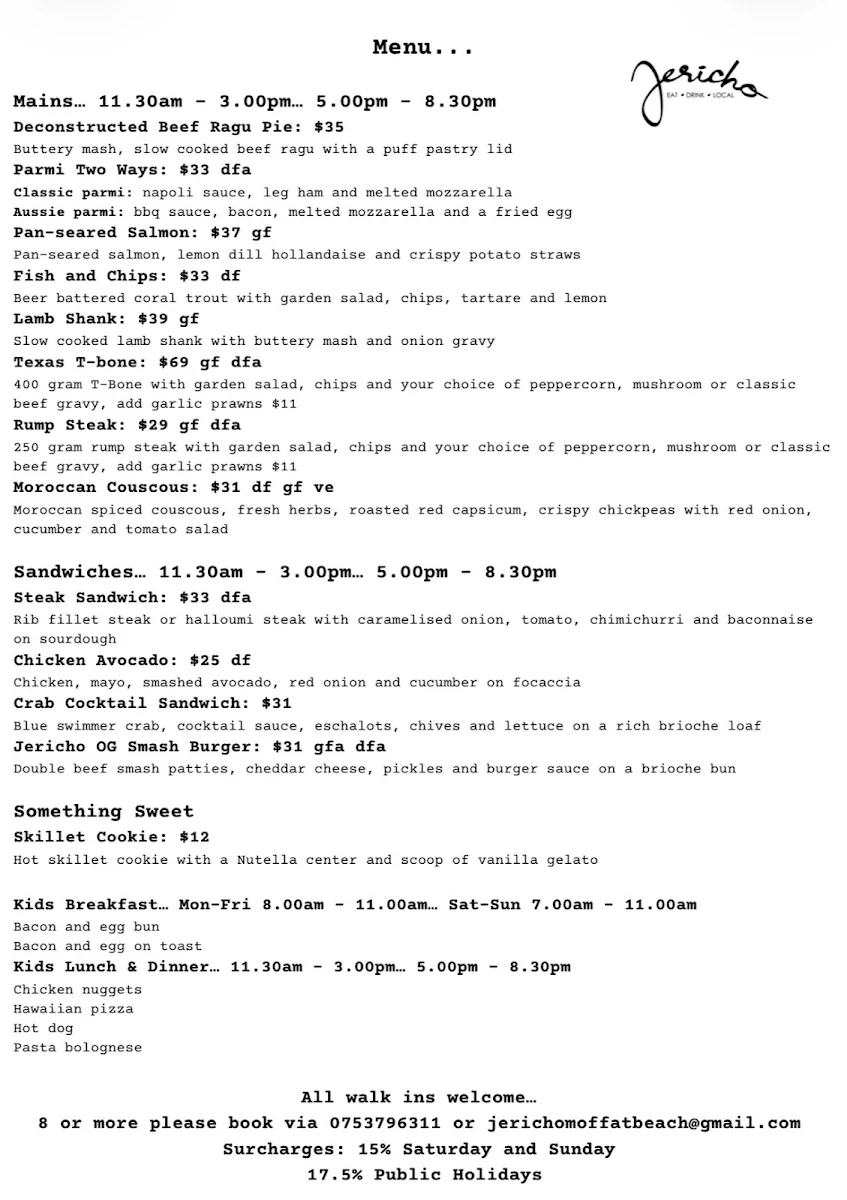 Menu, Jericho