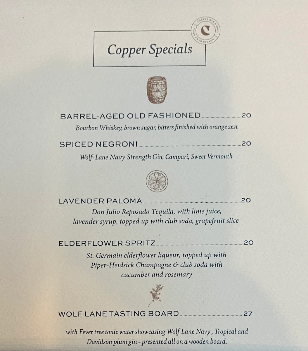 Menu, Copper Bar & Grill