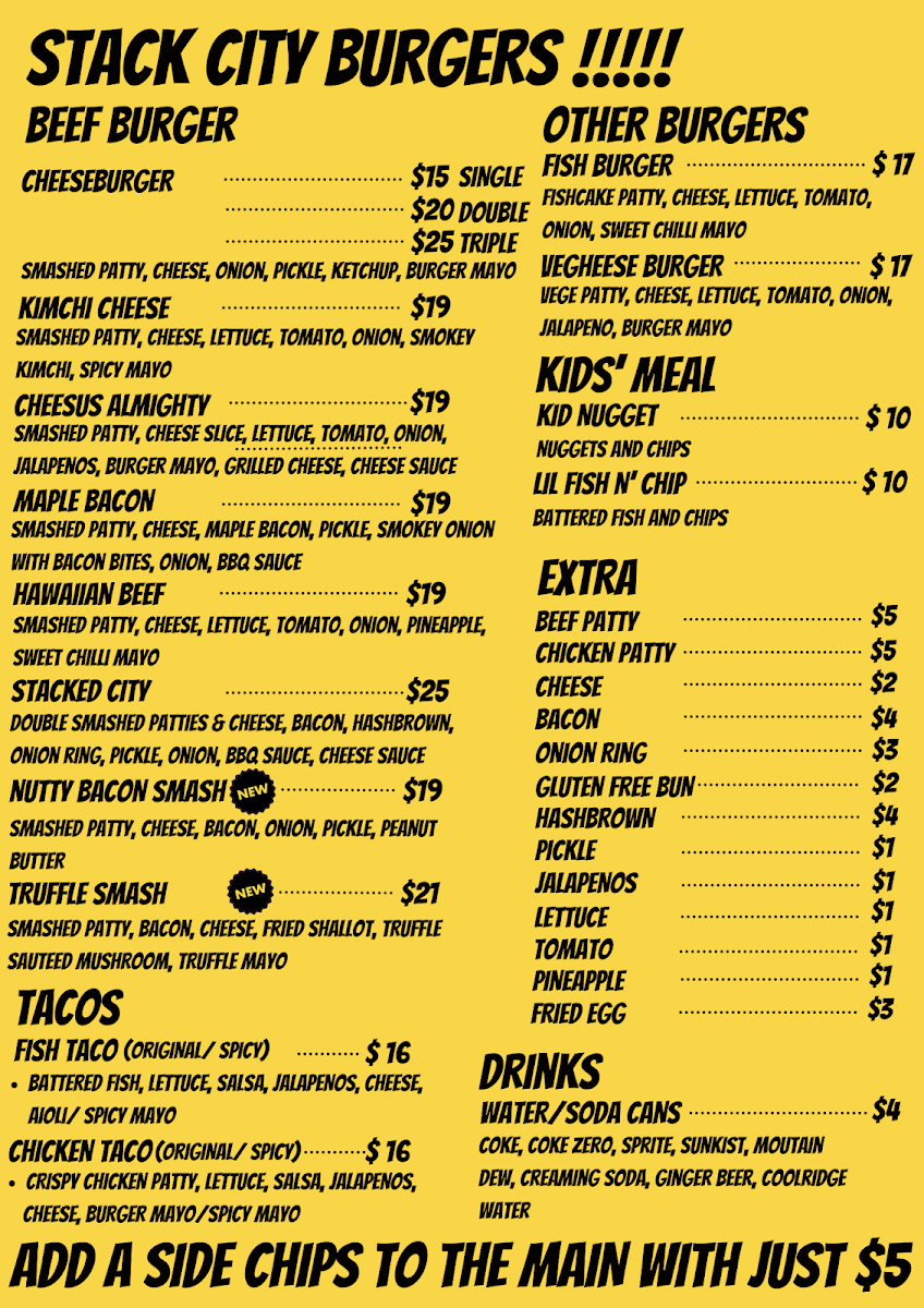 Menu, Stack City Burgers