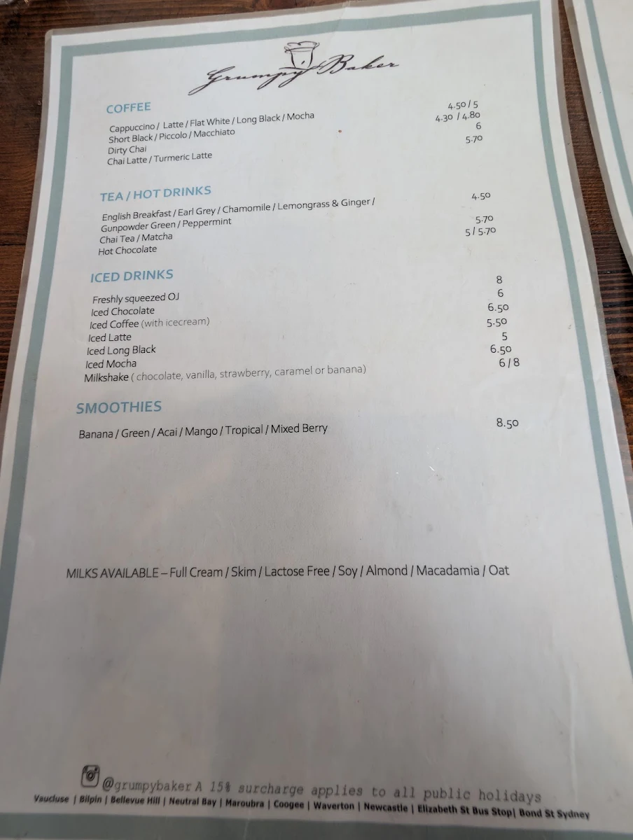 Menu, The Grumpy Baker