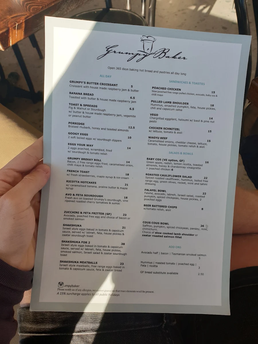 Menu, The Grumpy Baker