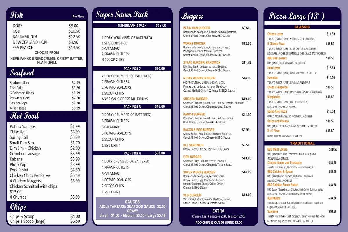 Menu, Withcott Seafood & Pizza