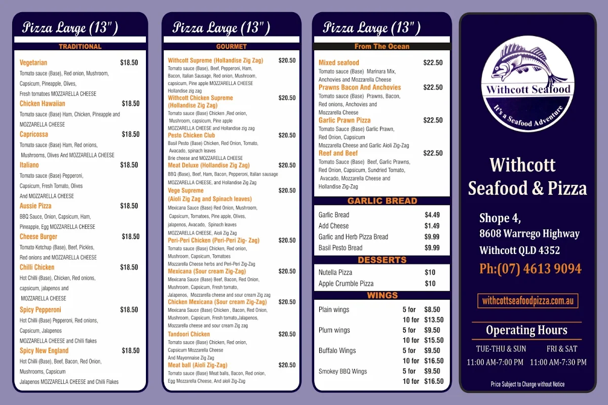 Menu, Withcott Seafood & Pizza