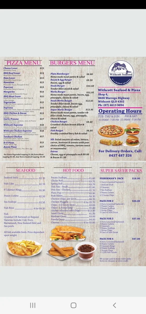 Menu, Withcott Seafood & Pizza