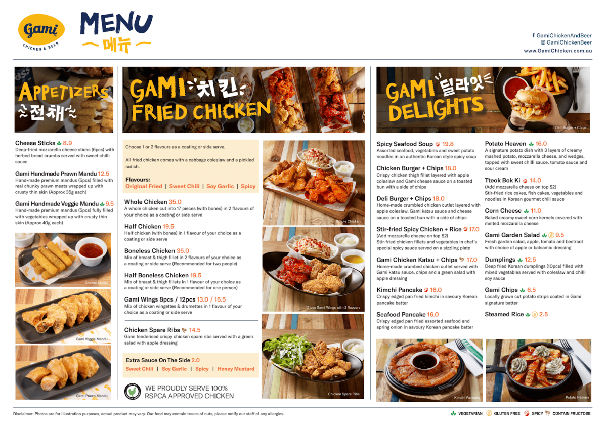 Menu, Gami Chicken & Beer