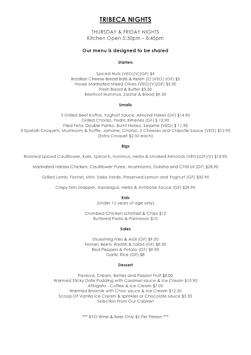 Menu, Tribeca & Co