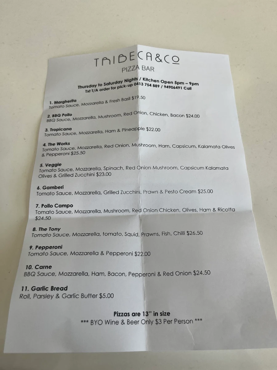 Menu, Tribeca & Co