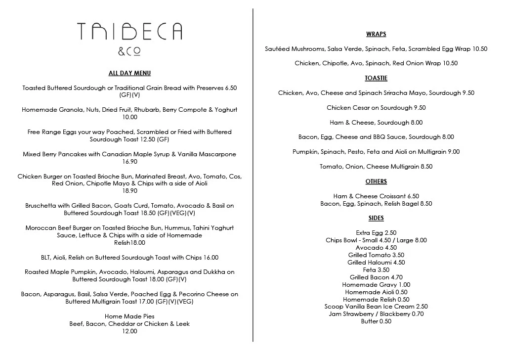 Menu, Tribeca & Co