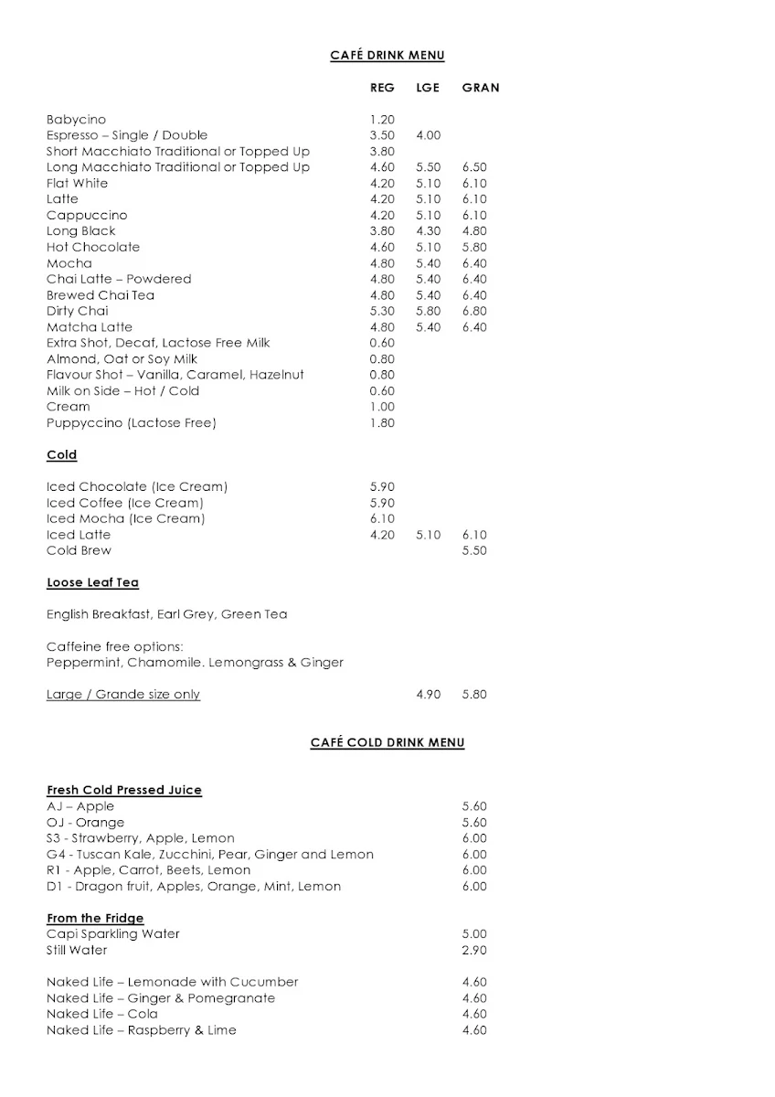 Menu, Tribeca & Co