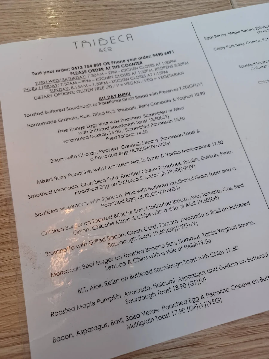 Menu, Tribeca & Co