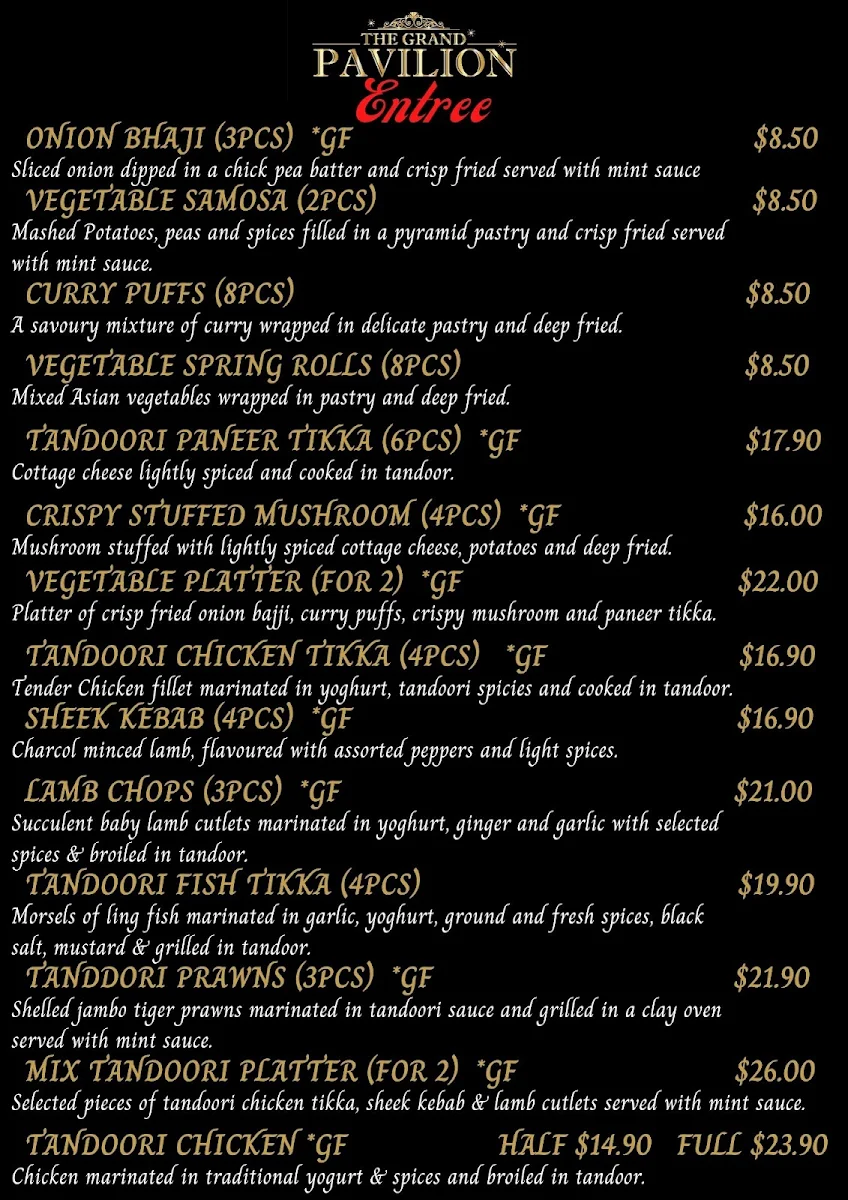 Menu, ✅ The Grand Pavilion - Indian Restaurant in Esplanade, Warners bay - Best Indian Food