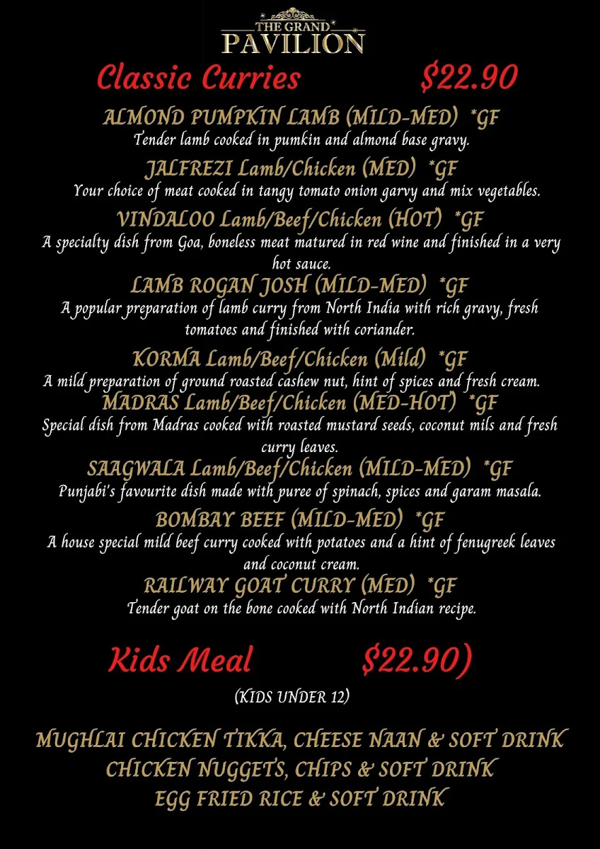 Menu, ✅ The Grand Pavilion - Indian Restaurant in Esplanade, Warners bay - Best Indian Food