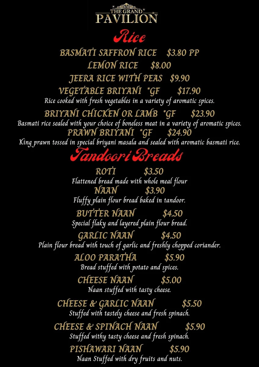 Menu, ✅ The Grand Pavilion - Indian Restaurant in Esplanade, Warners bay - Best Indian Food